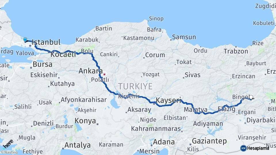 İstanbul Arnavutköy Bingöl Arası Kaç Km - Yol Haritası
