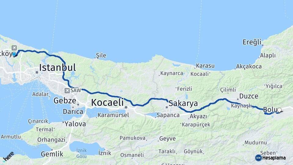 İstanbul Arnavutköy Bolu Arası Kaç Km - Yol Haritası