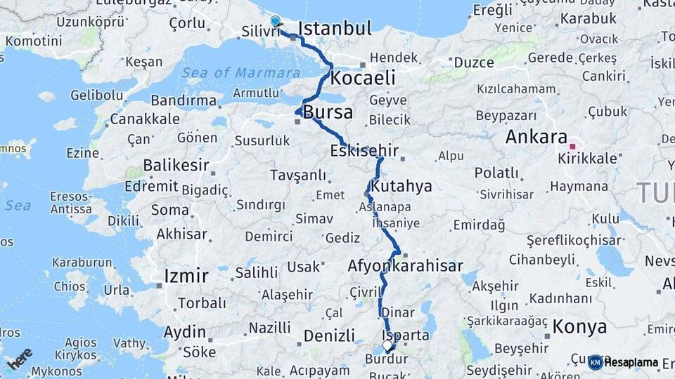 İstanbul Arnavutköy Burdur Arası Kaç Km - Yol Haritası