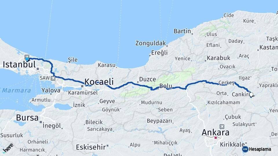 İstanbul Arnavutköy Çankırı Arası Kaç Km - Yol Haritası