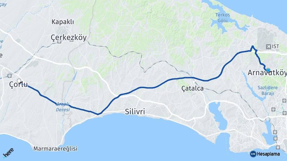 İstanbul Arnavutköy Çorlu Tekirdağ Arası Kaç Km - Yol Haritası