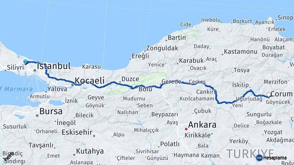 İstanbul Arnavutköy Çorum Arası Kaç Km - Yol Haritası