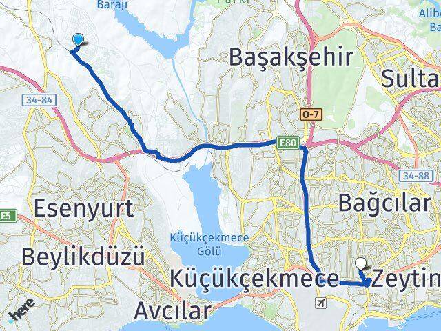 İstanbul Arnavutköy Deliklikaya Bahçelievler Arası Kaç Km - Yol Haritası