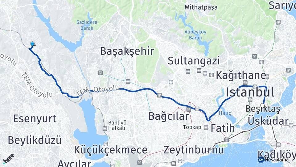 İstanbul Arnavutköy Deliklikaya Beşiktaş Arası Kaç Km - Yol Haritası