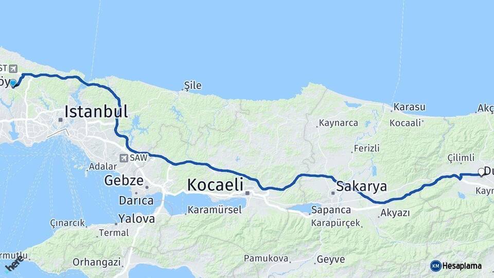 İstanbul Arnavutköy Düzce Arası Kaç Km - Yol Haritası