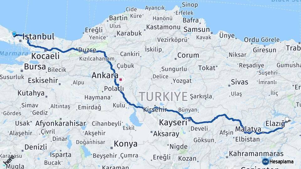 İstanbul Arnavutköy Elazığ Arası Kaç Km - Yol Haritası