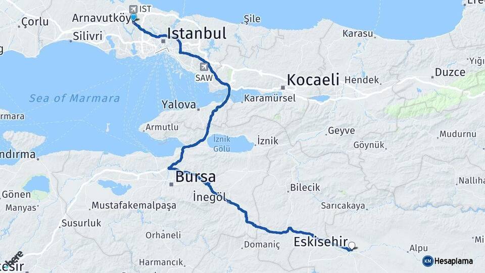 İstanbul Arnavutköy Eskişehir Arası Kaç Km - Yol Haritası