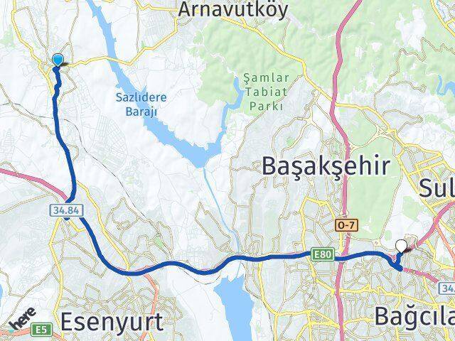 İstanbul Arnavutköy Hadımköy 100. Yıl Bağcılar Arası Kaç Km - Yol Haritası