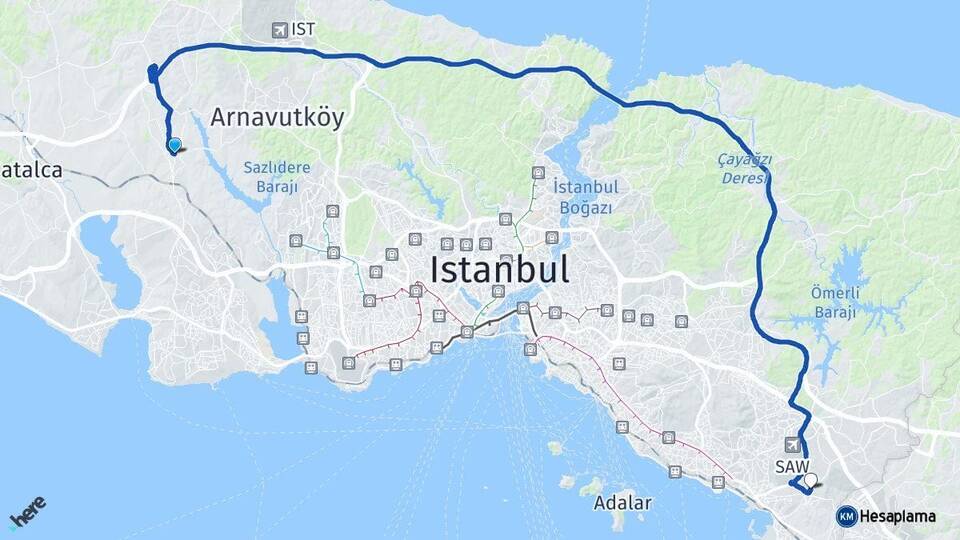 İstanbul Arnavutköy Hadımköy Aydınlı Tuzla Arası Kaç Km - Yol Haritası