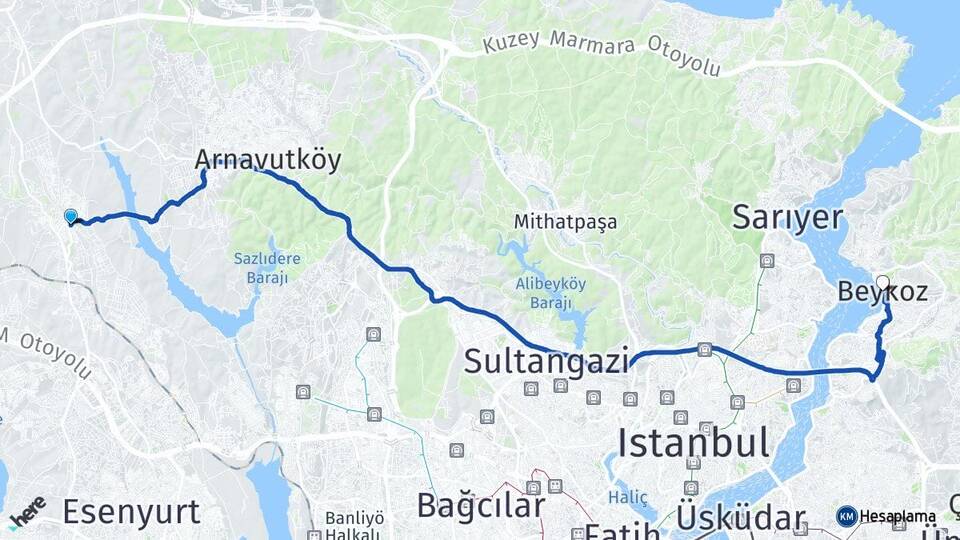 İstanbul Arnavutköy Hadımköy Beykoz Arası Kaç Km - Yol Haritası
