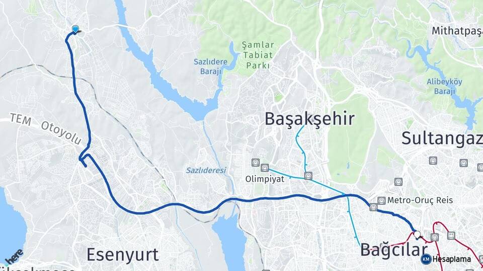 İstanbul Arnavutköy Hadımköy Esenler Arası Kaç Km - Yol Haritası
