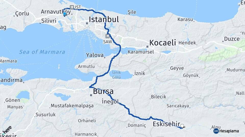 İstanbul Arnavutköy Hadımköy Eskişehir Arası Kaç Km - Yol Haritası