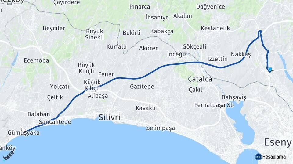 İstanbul Arnavutköy Hadımköy Gümüşyaka Silivri Arası Kaç Km - Yol Haritası