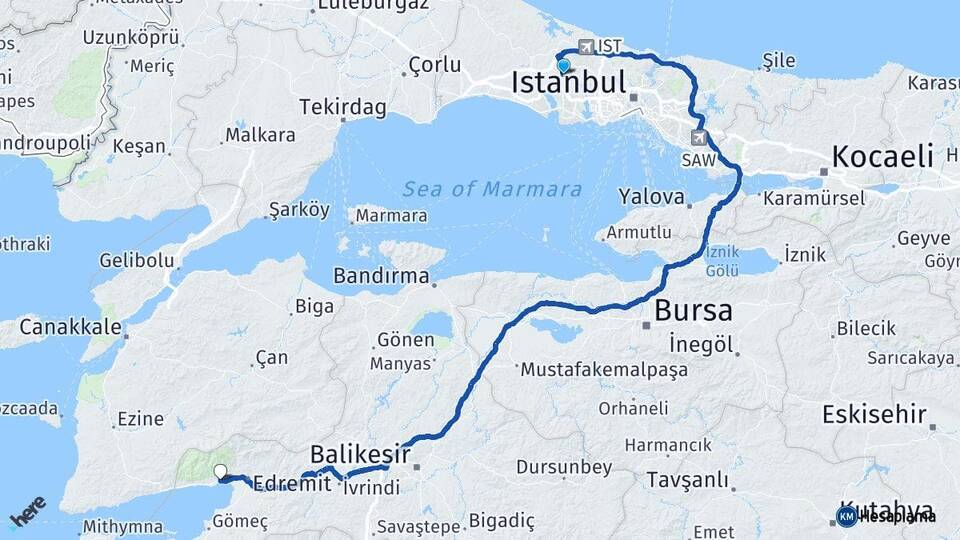 İstanbul Arnavutköy Hadımköy Güre Edremit Balıkesir Arası Kaç Km - Yol Haritası