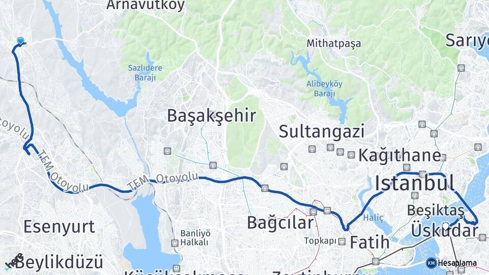 İstanbul Arnavutköy Hadımköy Üsküdar Arası Kaç Km - Yol Haritası