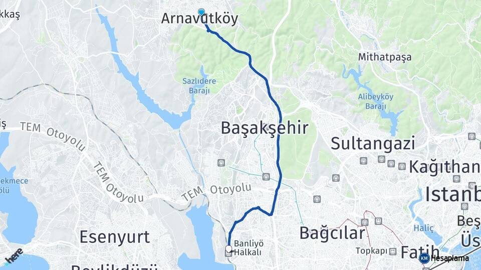 İstanbul Arnavutköy Halkalı Tren Garı Arası Kaç Km - Yol Haritası