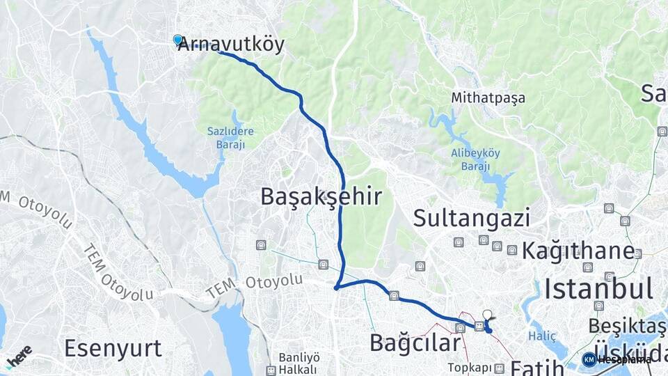 İstanbul Arnavutköy Haraççı Bayrampaşa Arası Kaç Km - Yol Haritası