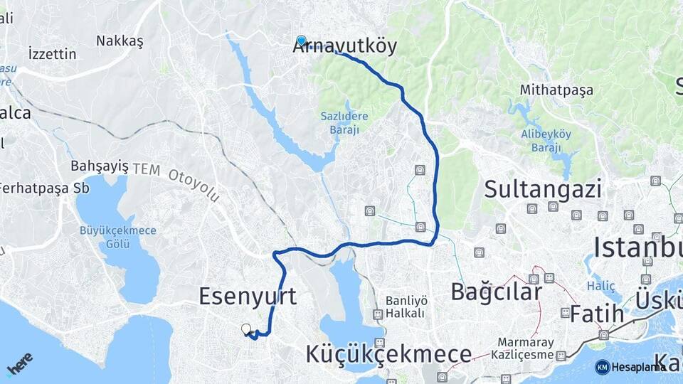 İstanbul Arnavutköy Haraççı Beylikdüzü Arası Kaç Km - Yol Haritası