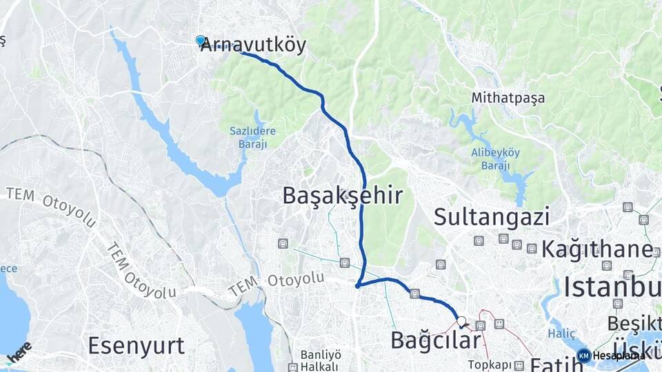 İstanbul Arnavutköy Haraççı Esenler Arası Kaç Km - Yol Haritası