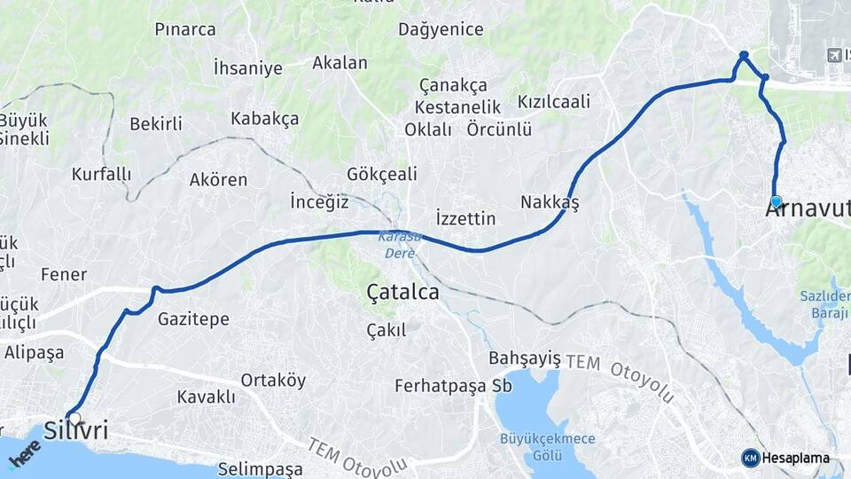 İstanbul Arnavutköy Haraççı Silivri Arası Kaç Km - Yol Haritası
