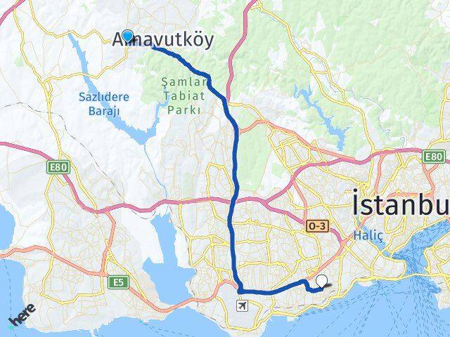 İstanbul Arnavutköy Haraççı Zeytinburnu Arası Kaç Km - Yol Haritası