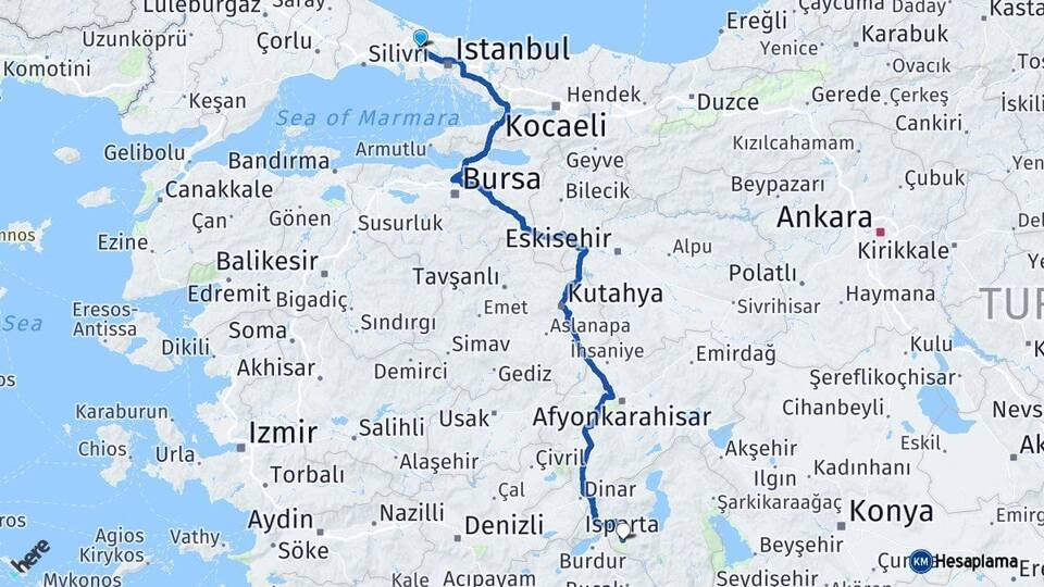 İstanbul Arnavutköy Isparta Arası Kaç Km - Yol Haritası
