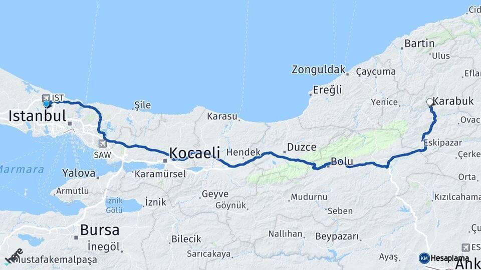 İstanbul Arnavutköy Karabük Arası Kaç Km - Yol Haritası