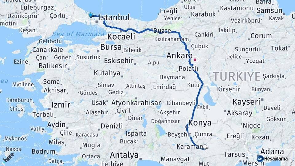 İstanbul Arnavutköy Karaman Arası Kaç Km - Yol Haritası