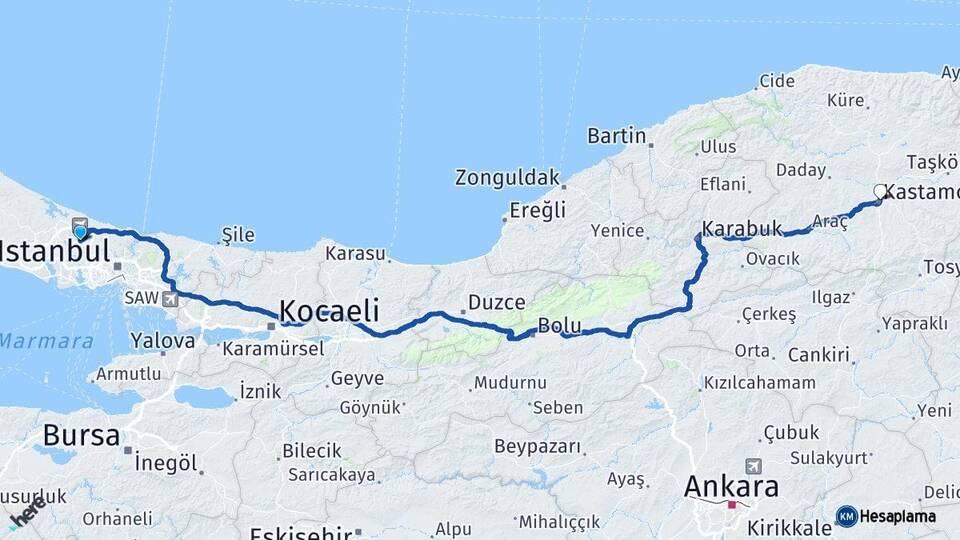 İstanbul Arnavutköy Kastamonu Arası Kaç Km - Yol Haritası