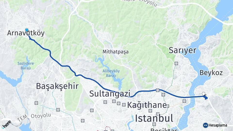 İstanbul Arnavutköy Kavacık Beykoz Arası Kaç Km - Yol Haritası