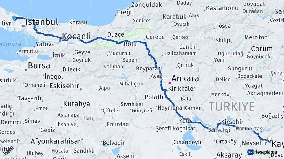 İstanbul Arnavutköy Kayseri Arası Kaç Km - Yol Haritası