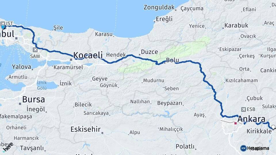 İstanbul Arnavutköy Kırıkkale Arası Kaç Km - Yol Haritası