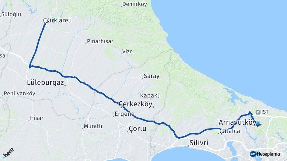 İstanbul Arnavutköy Kırklareli Arası Kaç Km - Yol Haritası