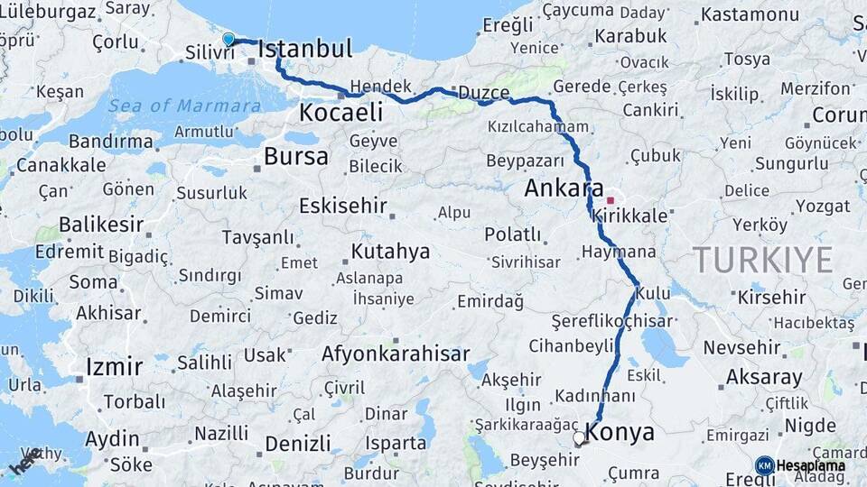 İstanbul Arnavutköy Konya Arası Kaç Km - Yol Haritası