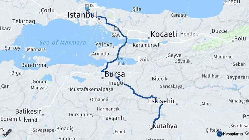 İstanbul Arnavutköy Kütahya Arası Kaç Km - Yol Haritası