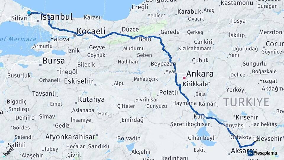 İstanbul Arnavutköy Nevşehir Arası Kaç Km - Yol Haritası
