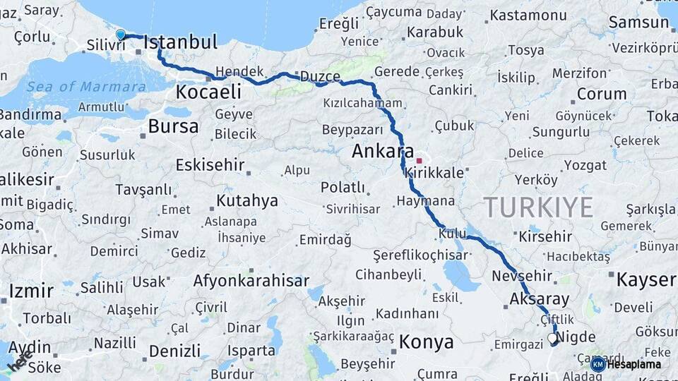 İstanbul Arnavutköy Niğde Arası Kaç Km - Yol Haritası