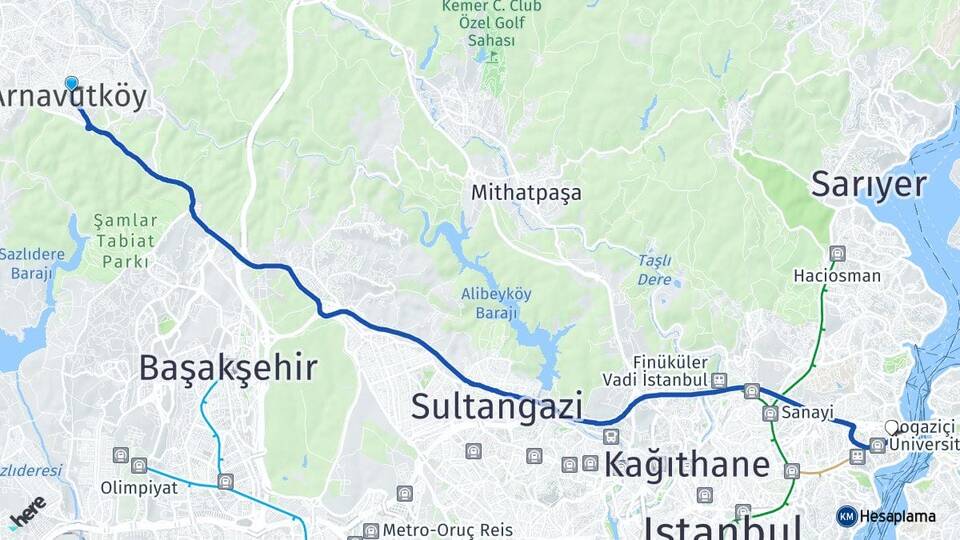 İstanbul Arnavutköy Rumelihisarı Sarıyer Arası Kaç Km - Yol Haritası