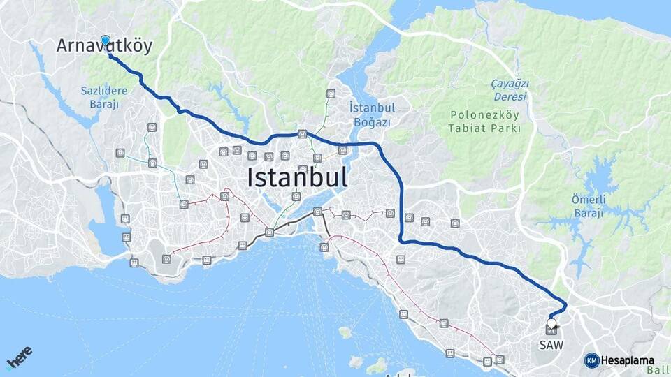 İstanbul Arnavutköy Sabiha Gökçen Havalimanı Arası Kaç Km - Yol Haritası