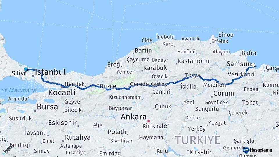 İstanbul Arnavutköy Samsun Arası Kaç Km - Yol Haritası