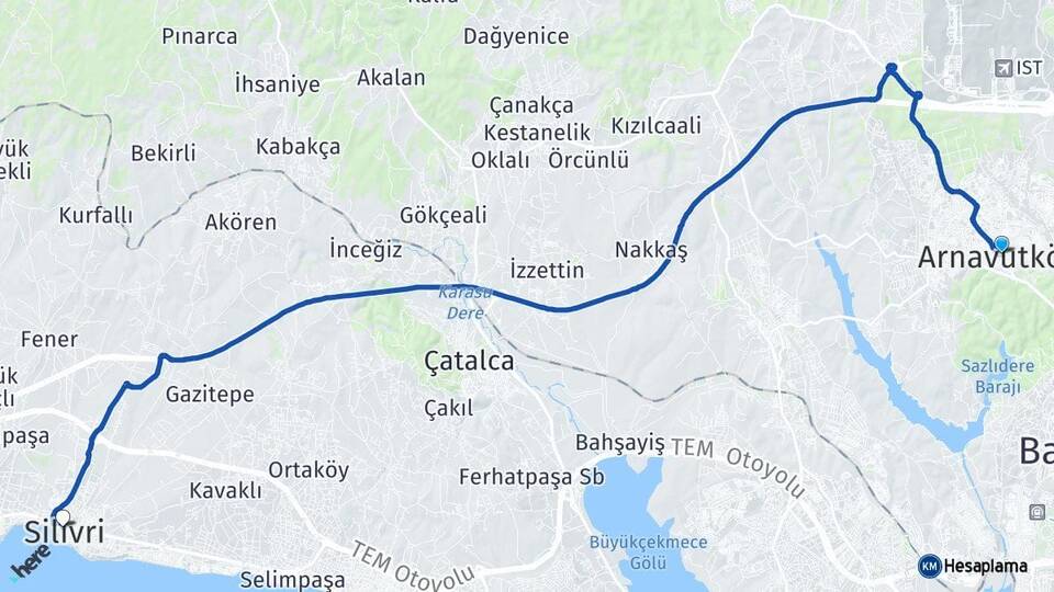İstanbul Arnavutköy Silivri Arası Kaç Km - Yol Haritası