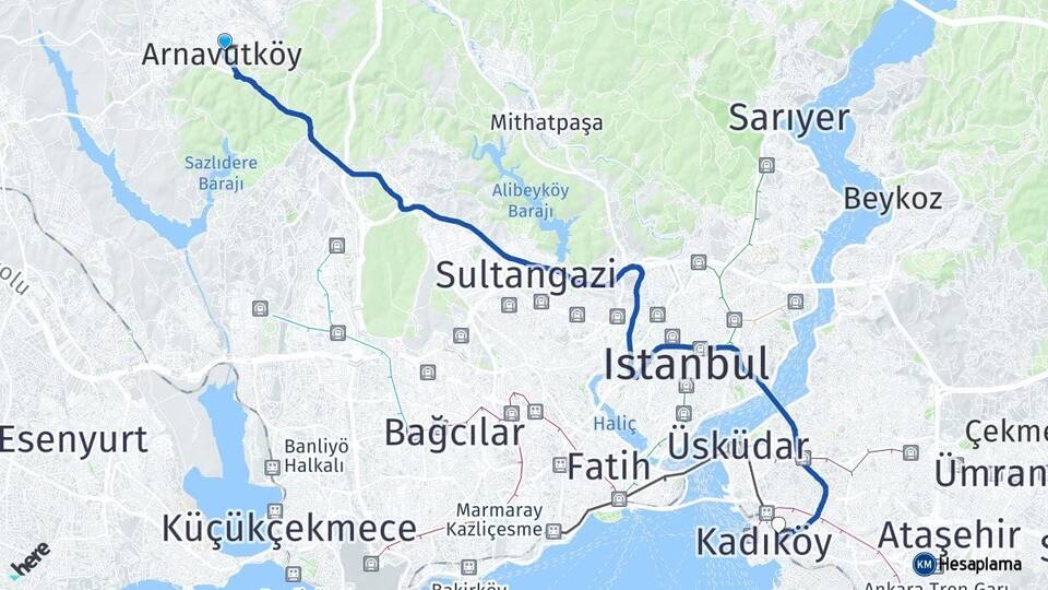 İstanbul Arnavutköy Söğütlüçeşme İstasyonu Arası Kaç Km - Yol Haritası