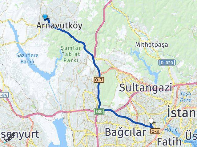 İstanbul Arnavutköy Taşoluk Bayrampaşa Arası Kaç Km - Yol Haritası