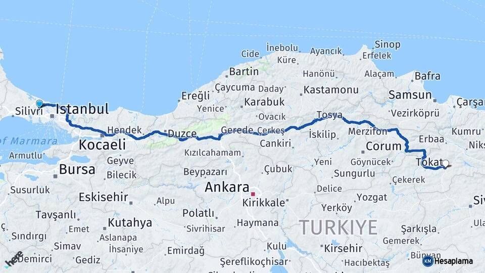 İstanbul Arnavutköy Tokat Arası Kaç Km - Yol Haritası