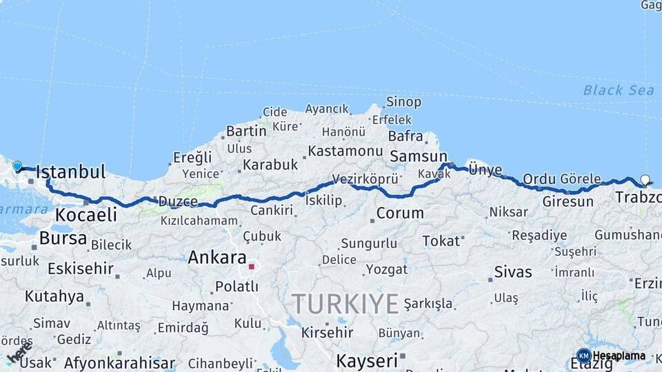 İstanbul Arnavutköy Trabzon Arası Kaç Km - Yol Haritası