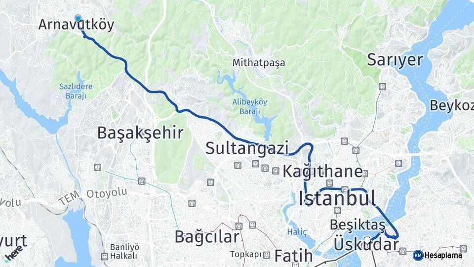 İstanbul Arnavutköy Üsküdar Arası Kaç Km - Yol Haritası
