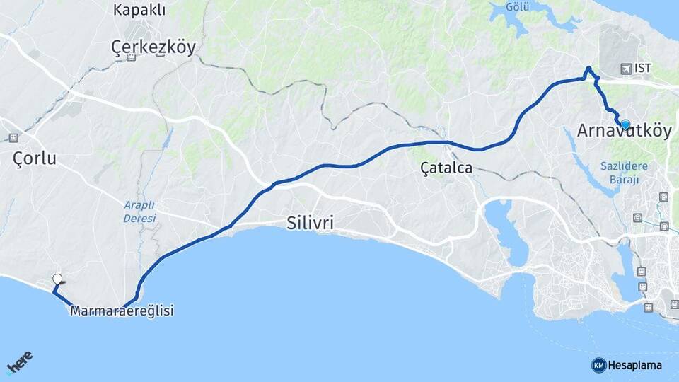 İstanbul Arnavutköy Yeniçiftlik Marmaraereğlisi Tekirdağ Arası Kaç Km - Yol Haritası