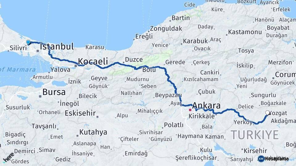 İstanbul Arnavutköy Yozgat Arası Kaç Km - Yol Haritası