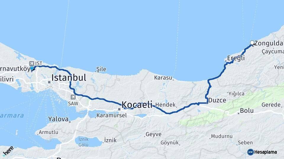 İstanbul Arnavutköy Zonguldak Arası Kaç Km - Yol Haritası