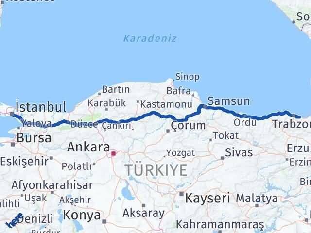 İstanbul Arsin Trabzon Arası Kaç Km - Yol Haritası